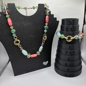 Green Blue Pink Amber Glass & Stone Gold Plated Necklace w/ Stretch Bracelet